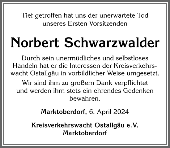Traueranzeige von Norbert Schwarzwalder von Allgäuer Zeitung, Marktoberdorf