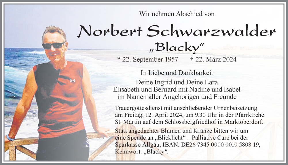  Traueranzeige für Norbert Schwarzwalder vom 06.04.2024 aus Allgäuer Zeitung, Marktoberdorf