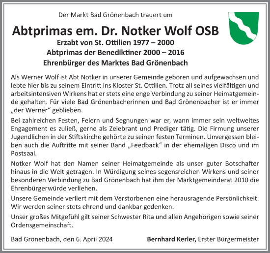 Traueranzeige von Notker Wolf von Memminger Zeitung