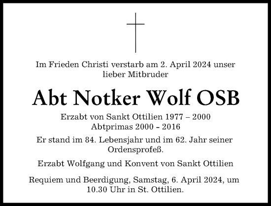Traueranzeige von Notker Wolf von Augsburger Allgemeine, Landsberger Tagblatt