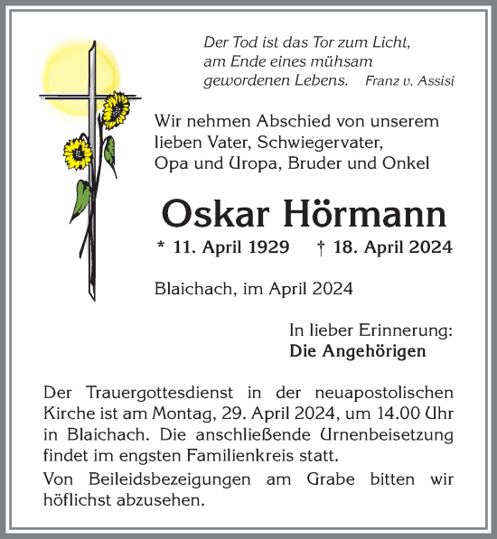 Traueranzeige von Oskar Hörmann von Allgäuer Anzeigeblatt