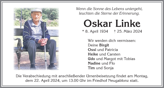 Traueranzeige von Oskar Linke von Allgäuer Zeitung, Kaufbeuren/Buchloe