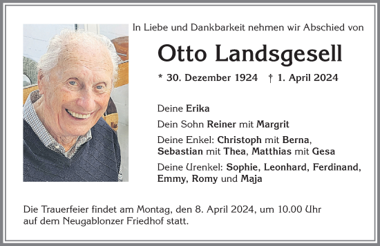 Traueranzeige von Otto Landsgesell von Allgäuer Zeitung, Kaufbeuren/Buchloe