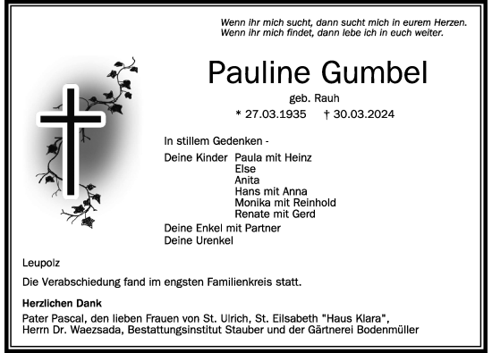 Traueranzeige von Pauline Gumbel von Der Westallgäuer