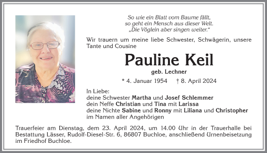 Traueranzeige von Pauline Keil von Allgäuer Zeitung, Kaufbeuren/Buchloe