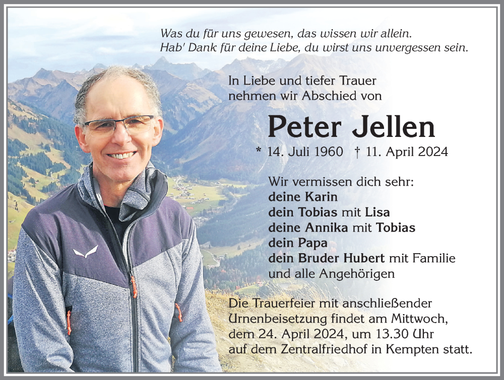  Traueranzeige für Peter Jellen vom 20.04.2024 aus Allgäuer Zeitung,Kempten
