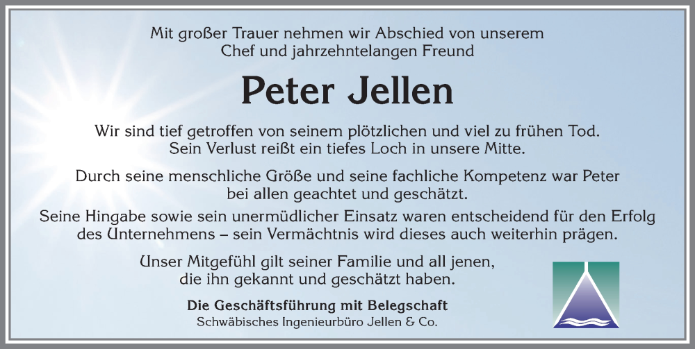  Traueranzeige für Peter Jellen vom 20.04.2024 aus Allgäuer Zeitung, Gesamtausgabe
