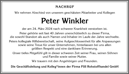 Traueranzeige von Peter Winkler von Mindelheimer Zeitung, Augsburger Allgemeine