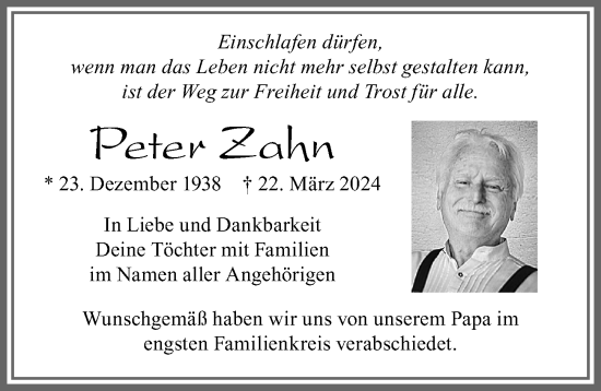 Traueranzeige von Peter Zahn von Allgäuer Zeitung, Marktoberdorf