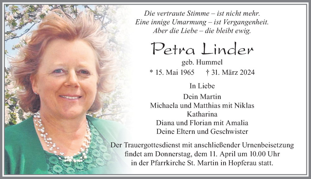  Traueranzeige für Petra Linder vom 06.04.2024 aus Allgäuer Zeitung, Füssen