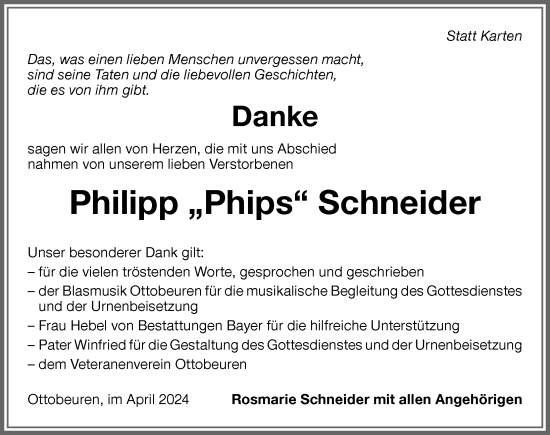 Traueranzeige von Philipp Schneider von Memminger Zeitung