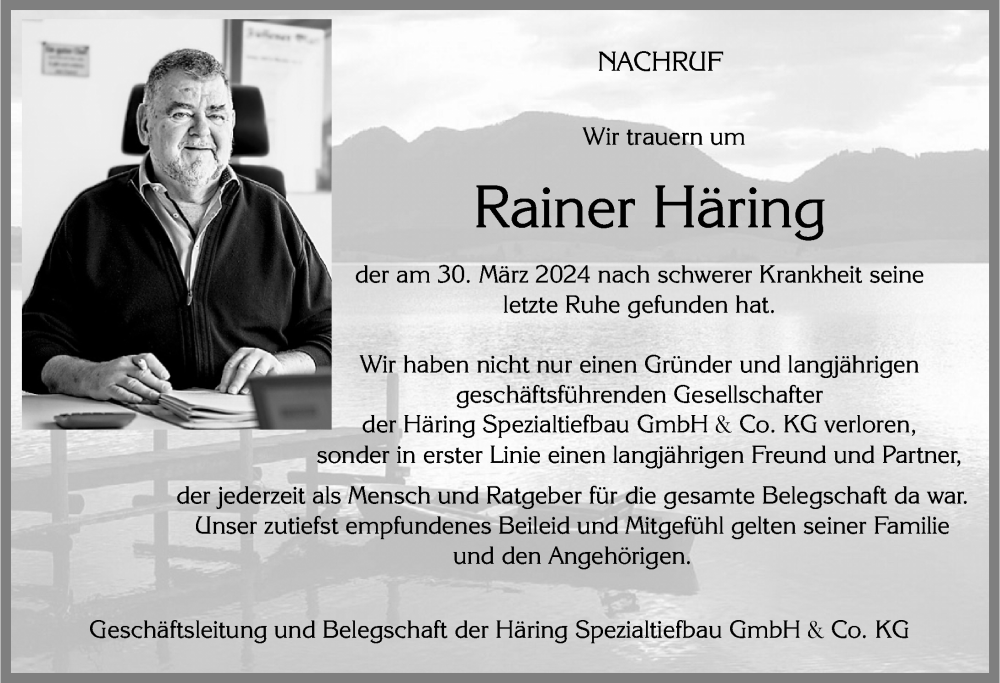  Traueranzeige für Rainer Häring vom 06.04.2024 aus Allgäuer Zeitung, Füssen