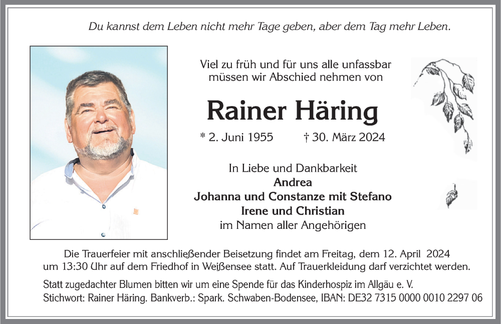  Traueranzeige für Rainer Häring vom 06.04.2024 aus Allgäuer Zeitung, Füssen