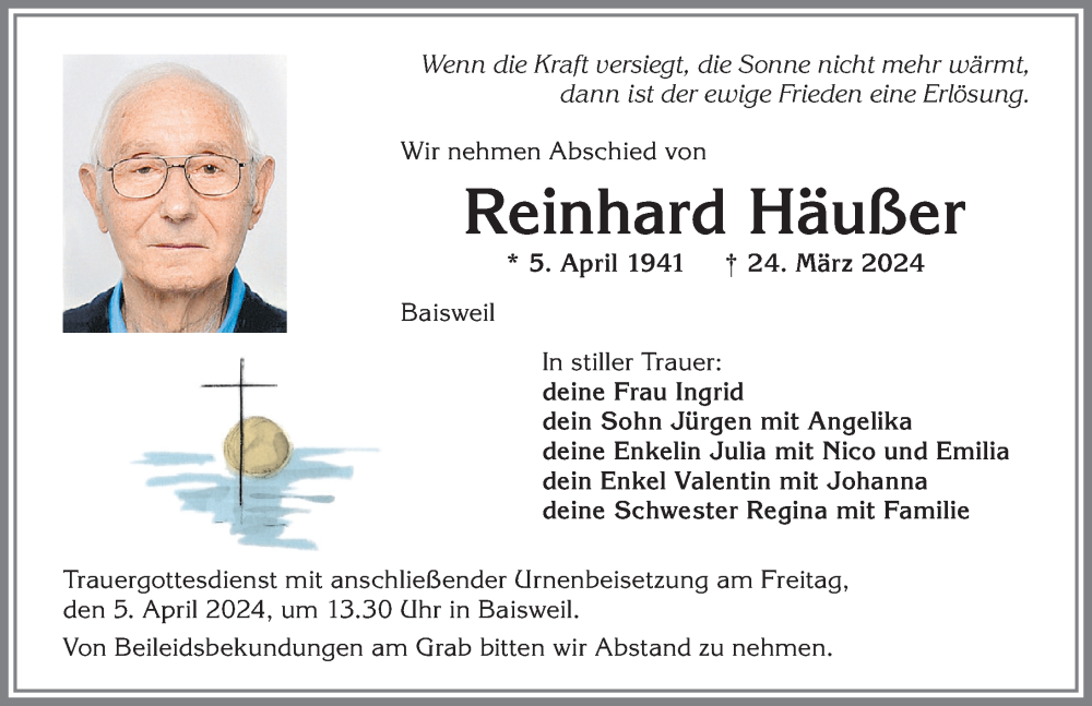  Traueranzeige für Reinhard Häußer vom 03.04.2024 aus Allgäuer Zeitung, Kaufbeuren/Buchloe