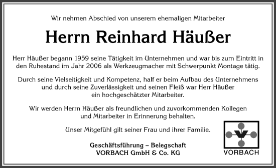 Traueranzeige von Reinhard Häußer von Allgäuer Zeitung, Kaufbeuren/Buchloe