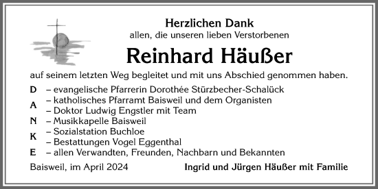 Traueranzeige von Reinhard Häußer von Allgäuer Zeitung, Kaufbeuren/Buchloe