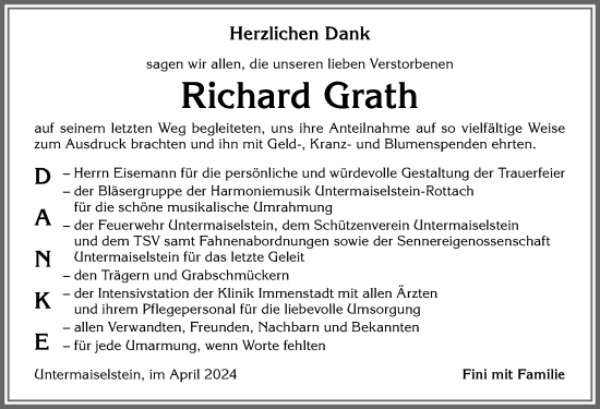 Traueranzeige von Richard Grath von Allgäuer Anzeigeblatt