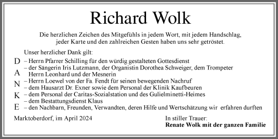 Traueranzeige von Richard Wolk von Allgäuer Zeitung, Marktoberdorf