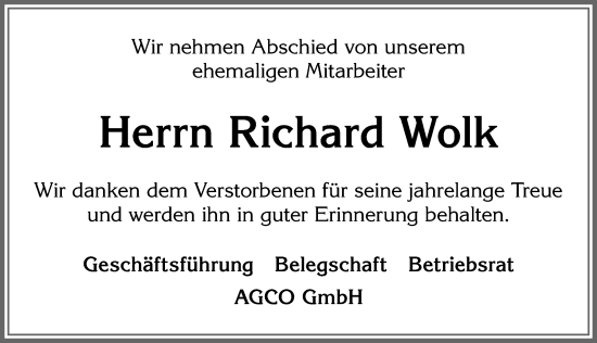 Traueranzeige von Richard Wolk von Allgäuer Zeitung, Marktoberdorf