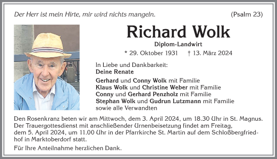 Traueranzeige von Richard Wolk von Allgäuer Zeitung, Marktoberdorf