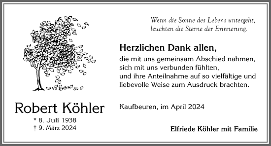Traueranzeige von Robert Köhler von Allgäuer Zeitung, Kaufbeuren/Buchloe