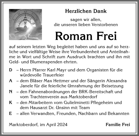 Traueranzeige von Roman Frei von Allgäuer Zeitung, Marktoberdorf