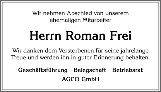 Traueranzeige von Roman Frei von Allgäuer Zeitung, Marktoberdorf