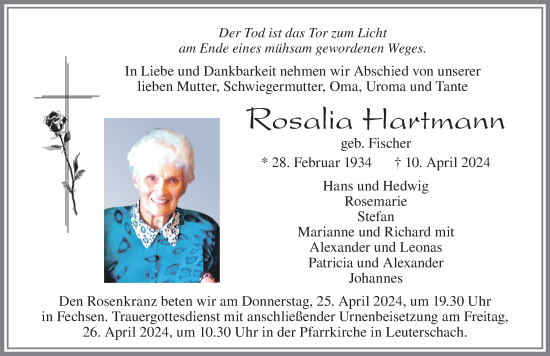 Traueranzeige von Rosalia Hartmann von Allgäuer Zeitung, Marktoberdorf