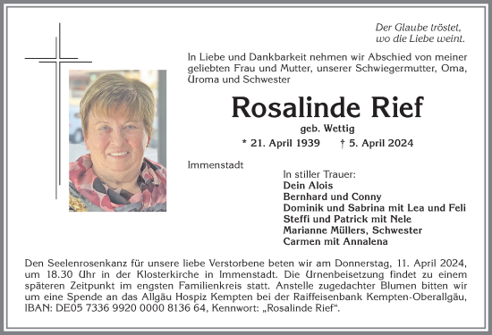 Traueranzeige von Rosalinde Rief von Allgäuer Anzeigeblatt