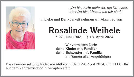 Traueranzeige von Rosalinde Weihele von Allgäuer Zeitung,Kempten