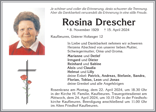 Traueranzeige von Rosina Drescher von Allgäuer Zeitung, Kaufbeuren/Buchloe