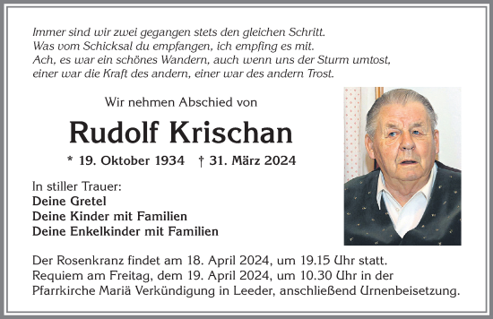 Traueranzeige von Rudolf Krischan von Allgäuer Zeitung, Kaufbeuren/Buchloe
