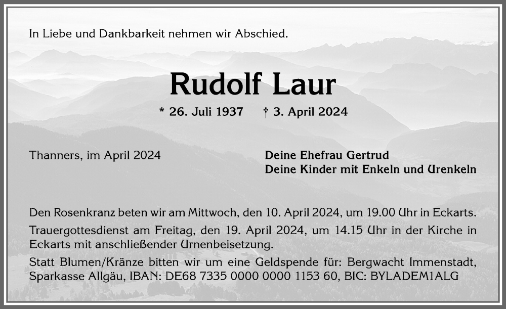  Traueranzeige für Rudolf Laur vom 09.04.2024 aus Allgäuer Zeitung,Kempten