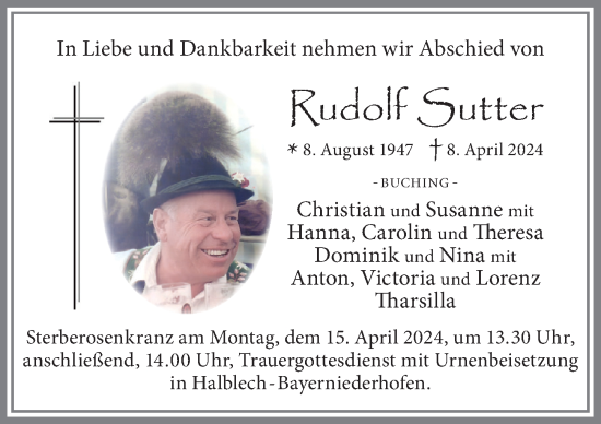 Traueranzeige von Rudolf Sutter von Allgäuer Zeitung, Füssen