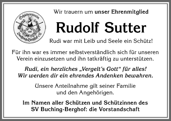 Traueranzeige von Rudolf Sutter von Allgäuer Zeitung, Füssen