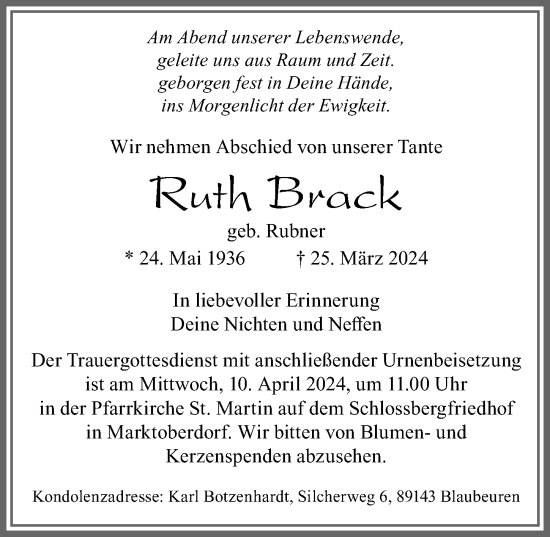 Traueranzeige von Ruth Brack von Allgäuer Zeitung, Marktoberdorf