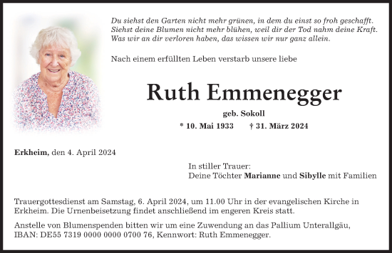 Traueranzeige von Ruth Emmenegger von Memminger Zeitung