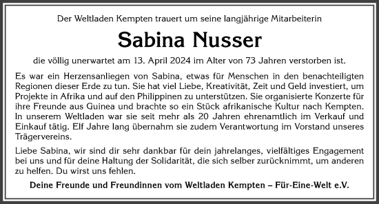Traueranzeige von Sabina Nusser von Allgäuer Zeitung,Kempten