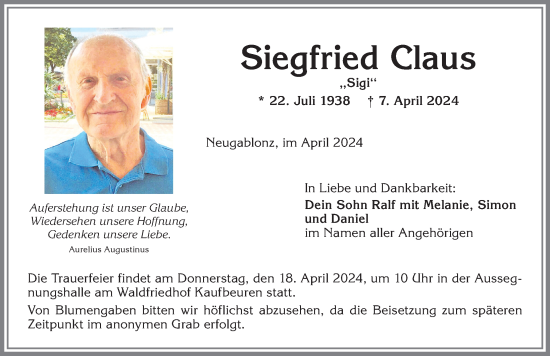 Traueranzeige von Siegfried Claus von Allgäuer Zeitung, Kaufbeuren/Buchloe