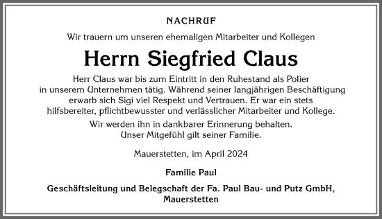 Traueranzeige von Siegfried Claus von Allgäuer Zeitung, Kaufbeuren/Buchloe