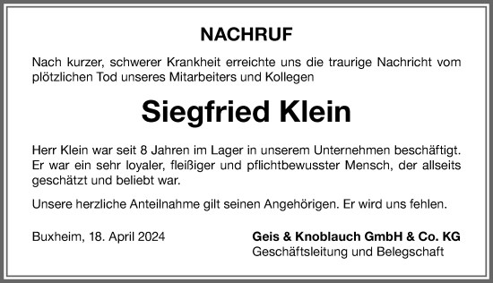 Traueranzeige von Siegfried Klein von Memminger Zeitung