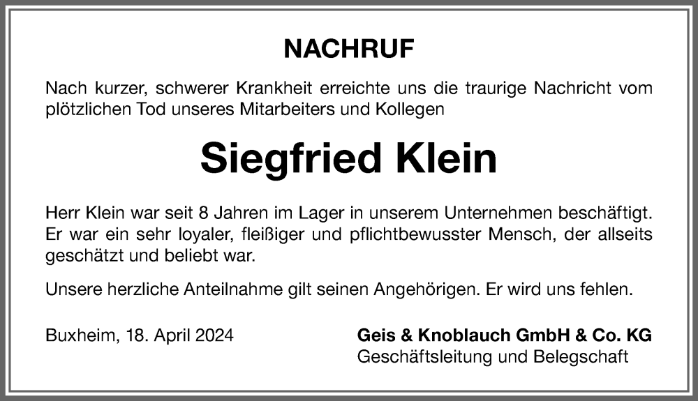  Traueranzeige für Siegfried Klein vom 20.04.2024 aus Memminger Zeitung