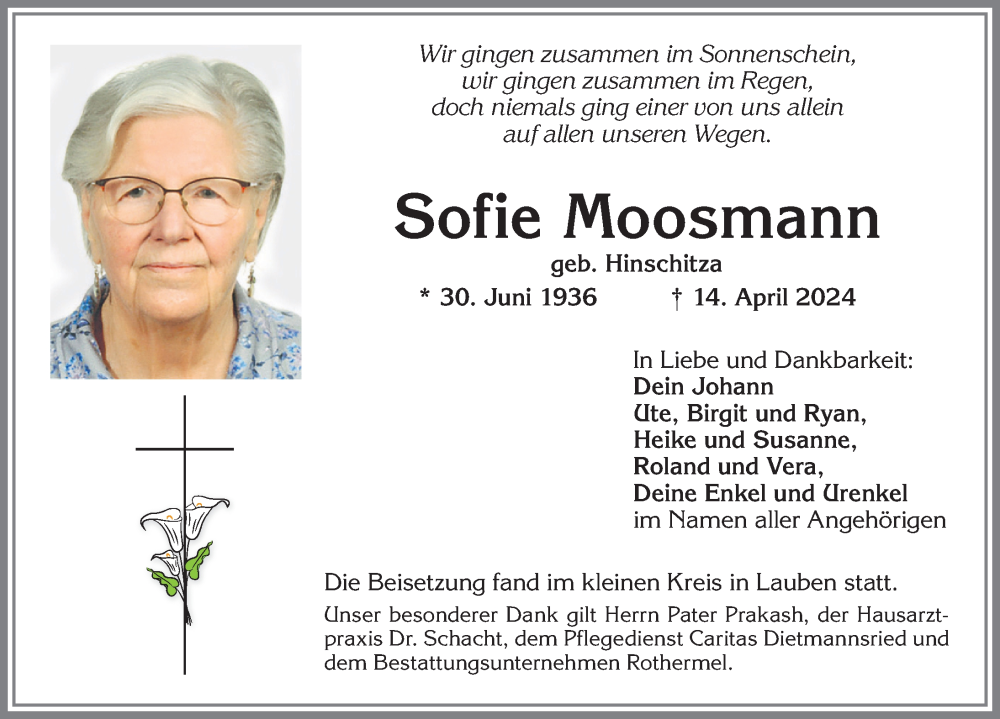  Traueranzeige für Sofie Moosmann vom 26.04.2024 aus Allgäuer Zeitung,Kempten