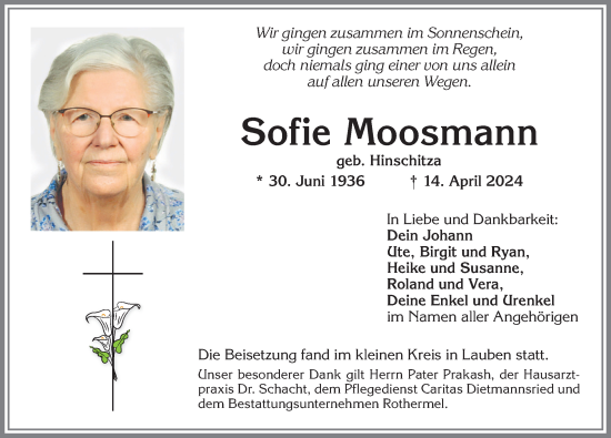 Traueranzeige von Sofie Moosmann von Allgäuer Zeitung,Kempten