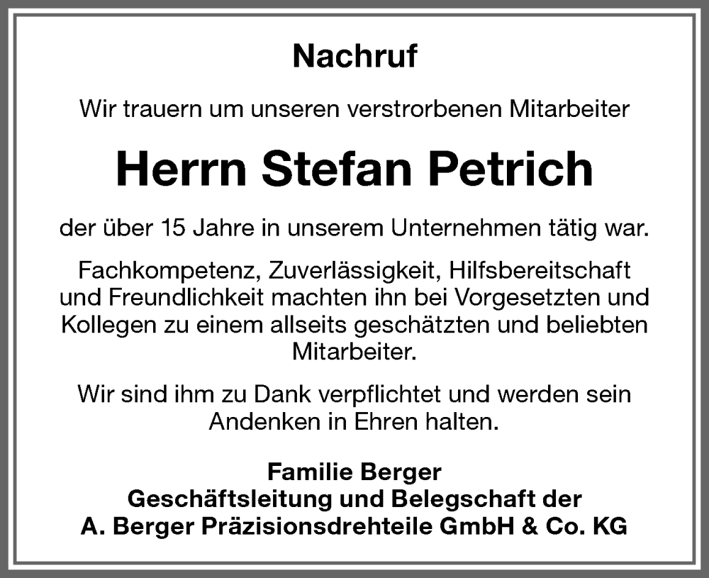  Traueranzeige für Stefan Petrich vom 20.04.2024 aus Memminger Zeitung