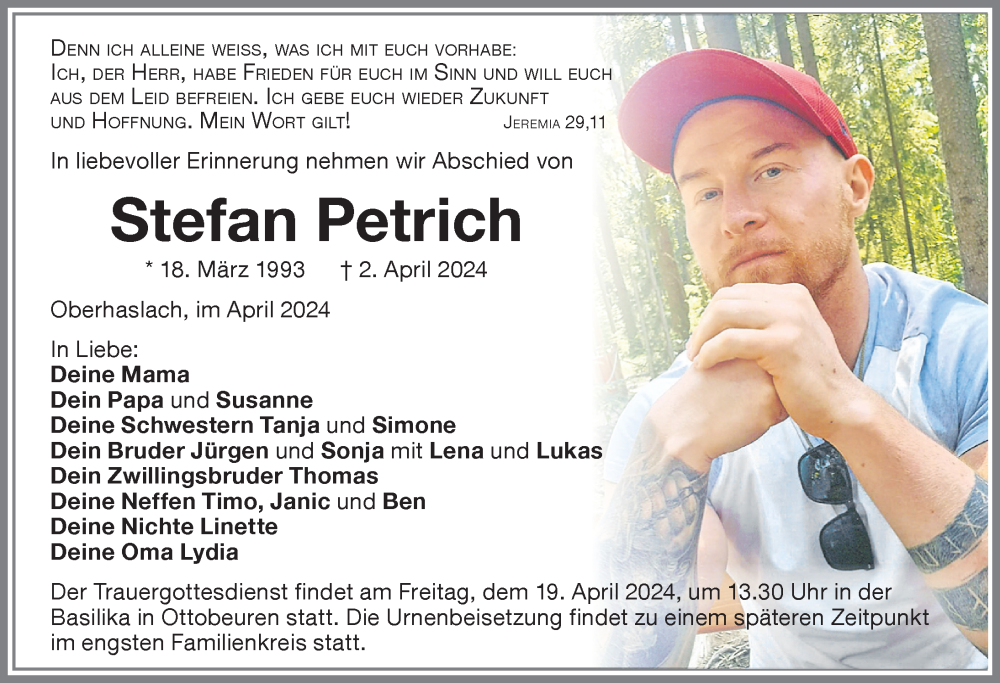  Traueranzeige für Stefan Petrich vom 15.04.2024 aus Memminger Zeitung