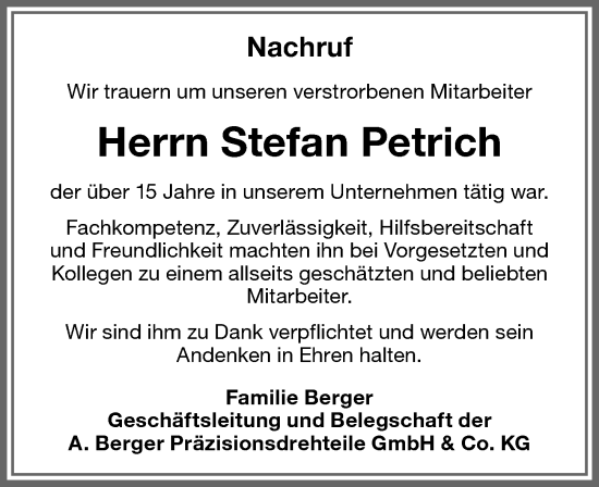 Traueranzeige von Stefan Petrich von Memminger Zeitung