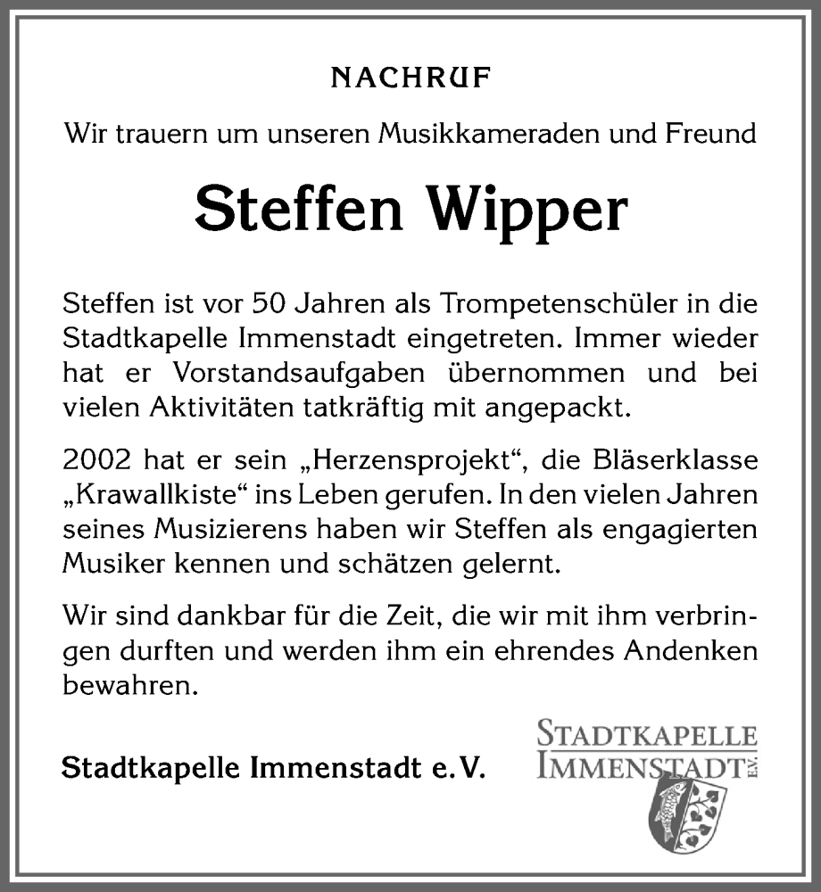  Traueranzeige für Steffen Wipper vom 17.04.2024 aus Allgäuer Anzeigeblatt