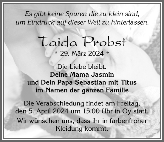 Traueranzeige von Taida Probst von Allgäuer Anzeigeblatt