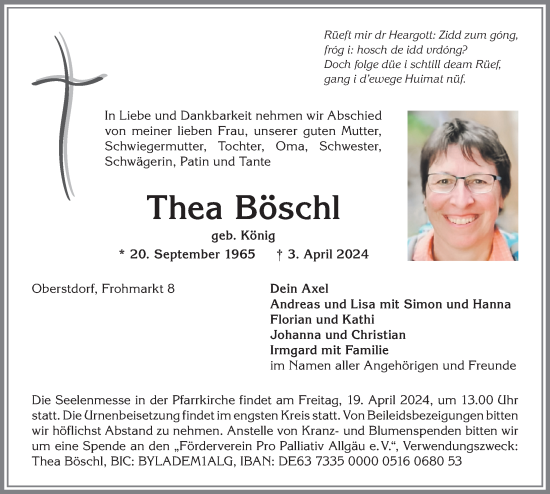 Traueranzeige von Thea Böschl von Allgäuer Anzeigeblatt